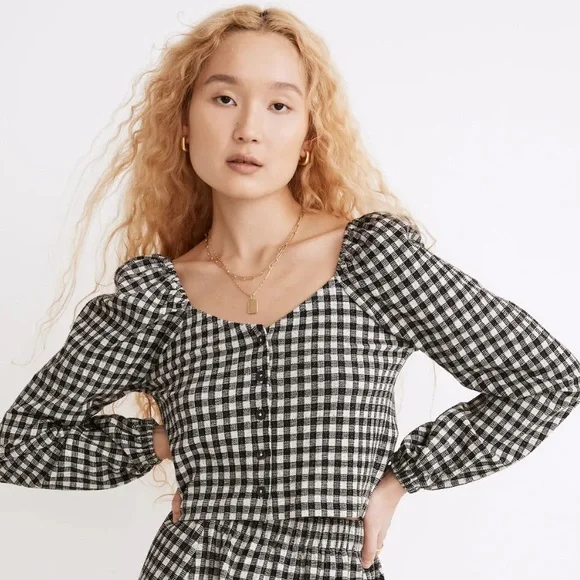 MADEWELL Gingham Puff-Sleeve Button-Front Crop Top - Picture 1 of 12